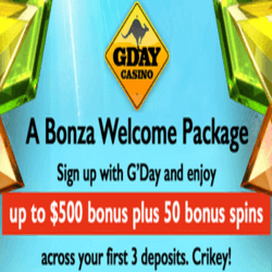 Gday Casino welcome package, bonus spins